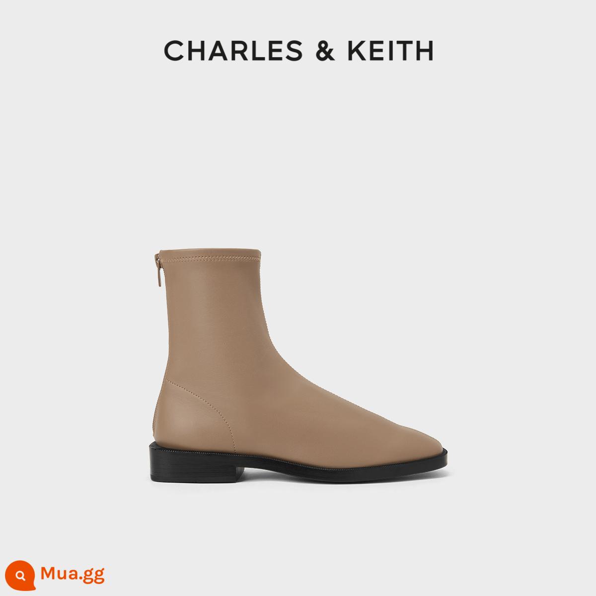 Giày Bốt Nữ CHARLES&KEITH Thu Đông CK1-90900090 Giày Bốt Mũi Vuông Cổ Tròn Dây Kéo Giày Bốt Gót Thấp Giày Boot Cổ Ngắn Nữ - lạc đà lạc đà