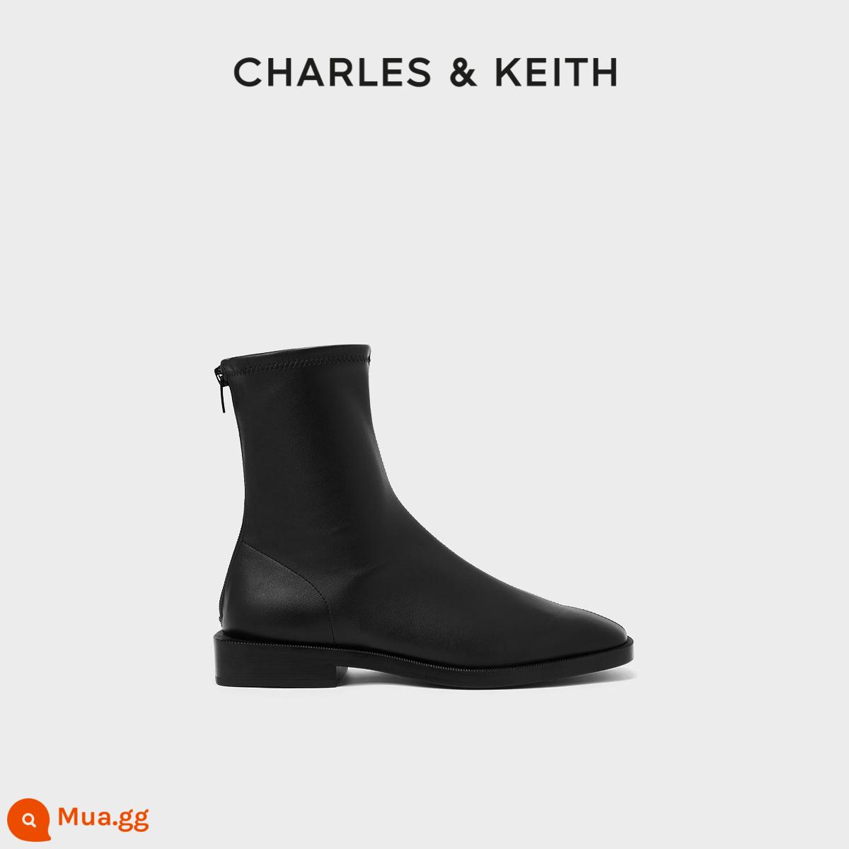 Giày Bốt Nữ CHARLES&KEITH Thu Đông CK1-90900090 Giày Bốt Mũi Vuông Cổ Tròn Dây Kéo Giày Bốt Gót Thấp Giày Boot Cổ Ngắn Nữ - đen đen