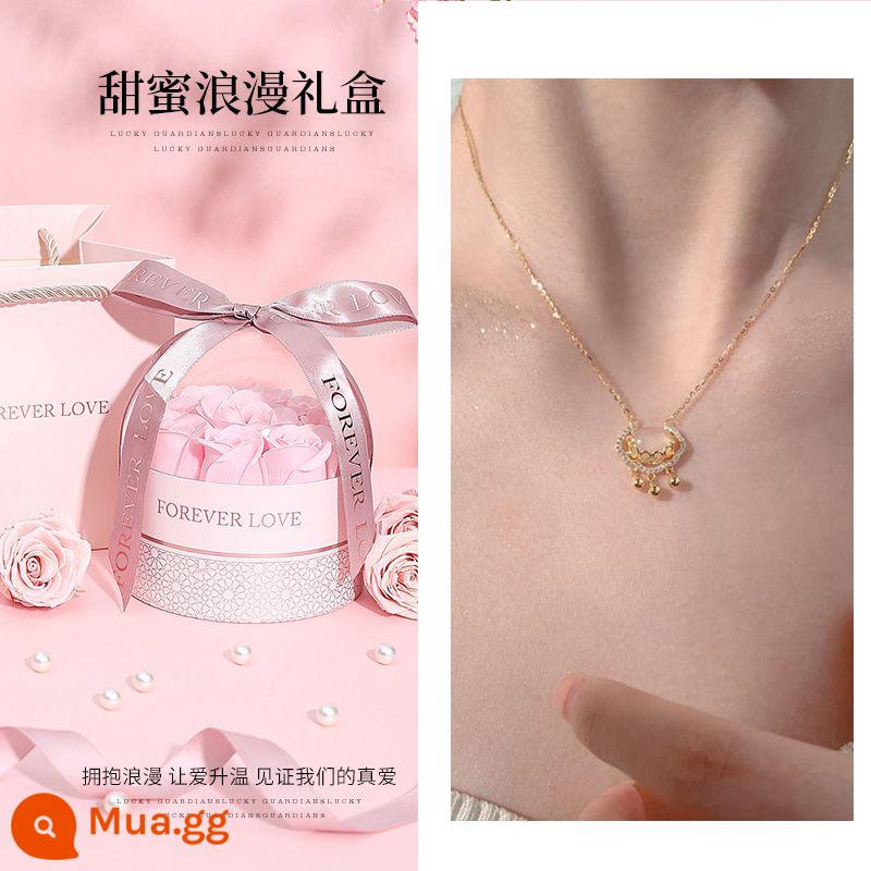 S999 sterling silver wishful khóa an toàn vòng cổ ánh sáng sang trọng niche trắng chalcedony tuổi thọ khóa cho bạn gái món quà sinh nhật cô gái - [S925 Sterling Silver Gold Light] Vòng cổ khóa hòa bình★ Hộp quà hoa hồng