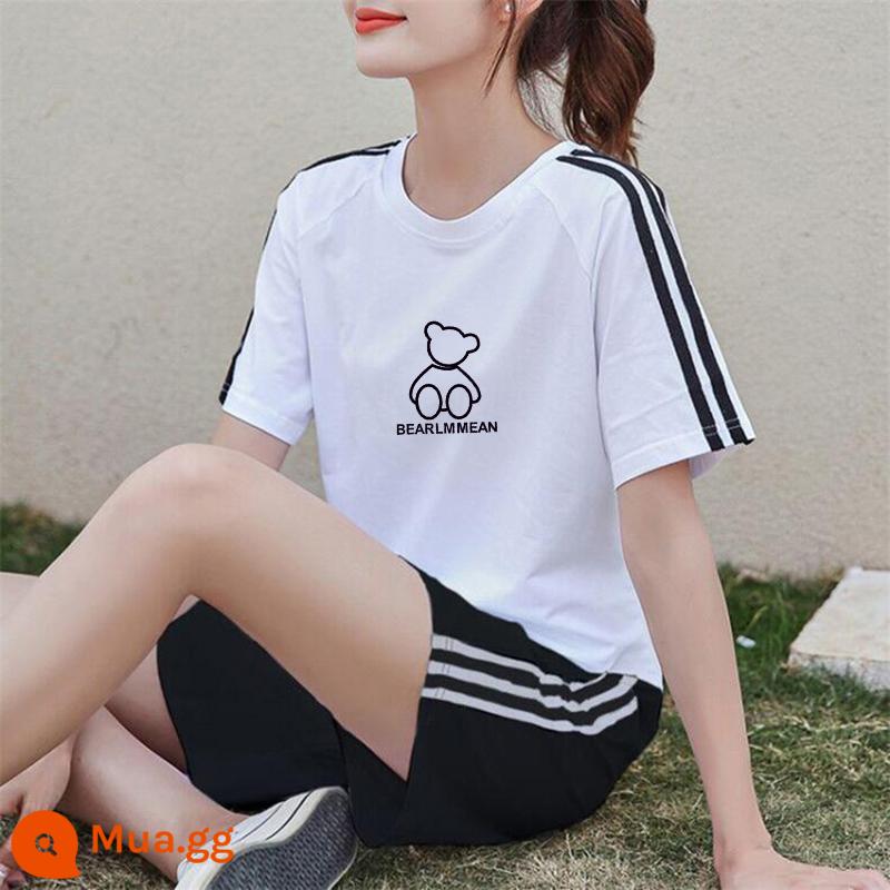 Áo thun ngắn tay + quần short cotton nguyên chất giản dị Bộ đồ thể thao nữ mùa hè 2022 bộ đồ hai mảnh thời trang mới hợp thời trang - Bộ đồ trắng đen XY543