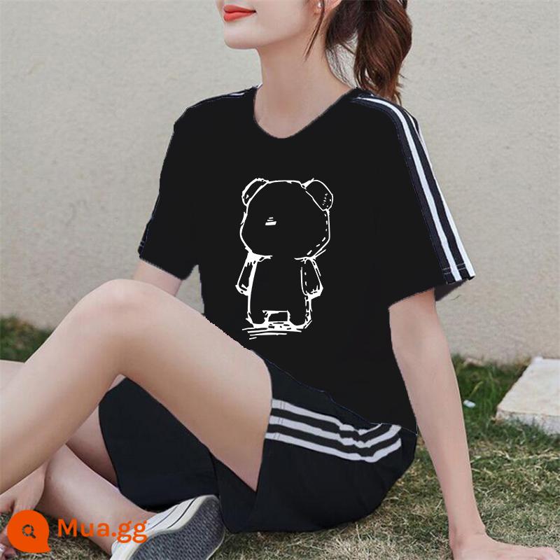 Áo thun ngắn tay + quần short cotton nguyên chất giản dị Bộ đồ thể thao nữ mùa hè 2022 bộ đồ hai mảnh thời trang mới hợp thời trang - Bộ vest đen AD0155