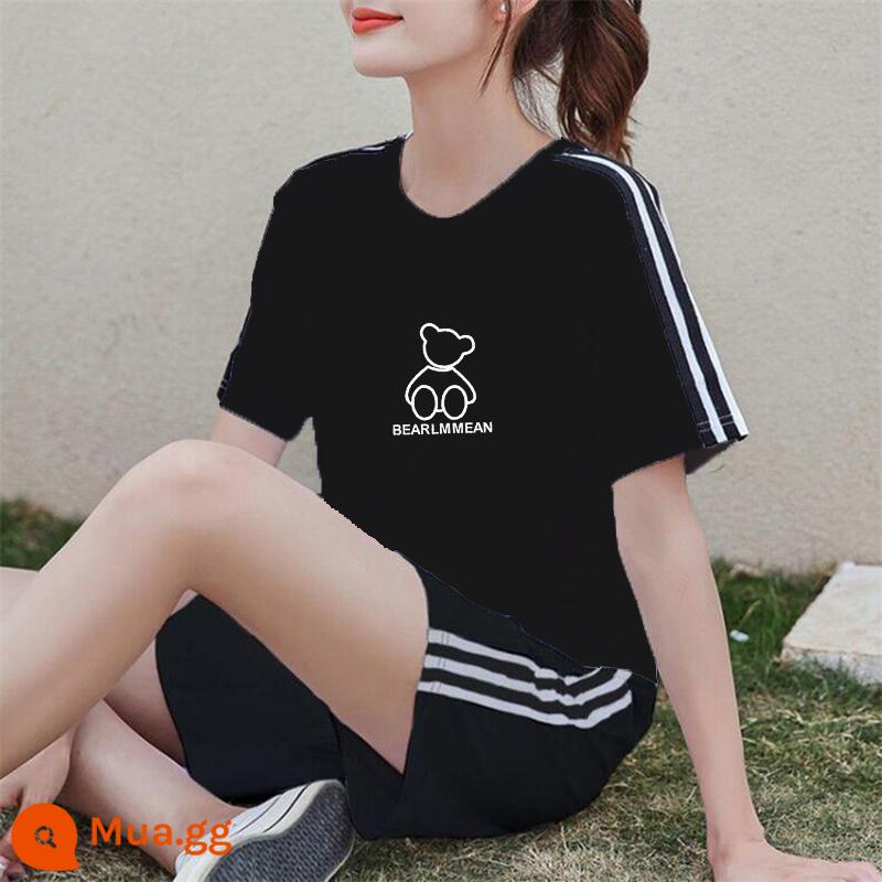 Áo thun ngắn tay + quần short cotton nguyên chất giản dị Bộ đồ thể thao nữ mùa hè 2022 bộ đồ hai mảnh thời trang mới hợp thời trang - Bộ đồ màu đen XY543