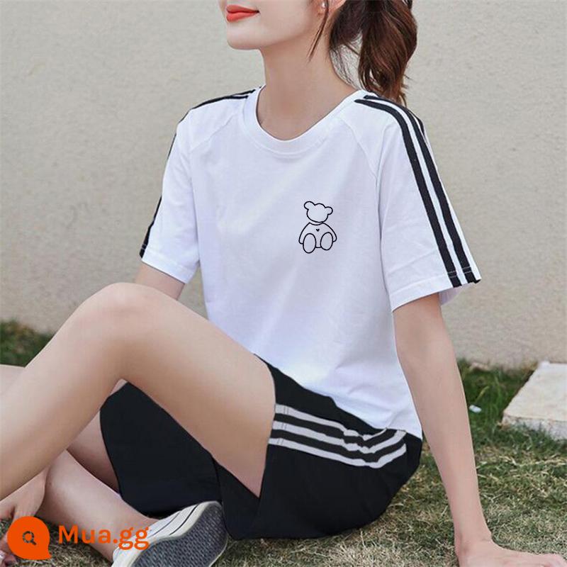 Áo thun ngắn tay + quần short cotton nguyên chất giản dị Bộ đồ thể thao nữ mùa hè 2022 bộ đồ hai mảnh thời trang mới hợp thời trang - Bộ đồ trắng đen XY541