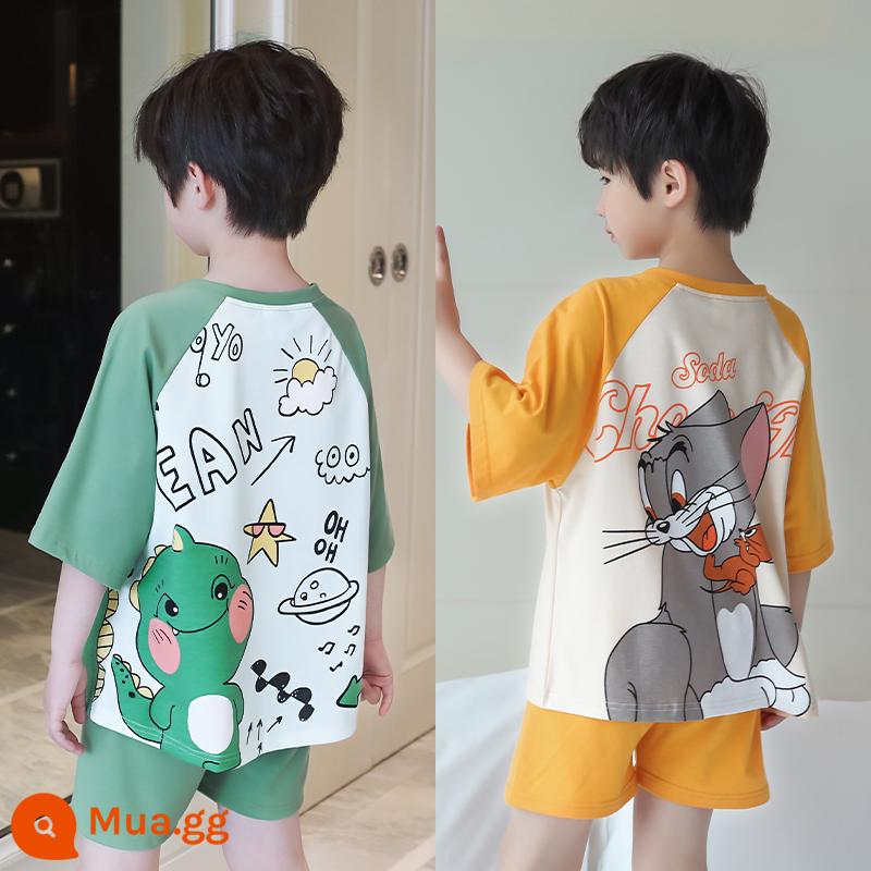 Cotton Trẻ Em Bộ Đồ Ngủ Bé Trai Mùa Hè Phần Mỏng Hoạt Hình Cậu Bé Khủng Long Tay Ngắn Cho Bé Phục Vụ Tại Nhà 2 Bộ Đồ - Khủng Long Nhỏ + Mèo Tom [Hai Bộ]