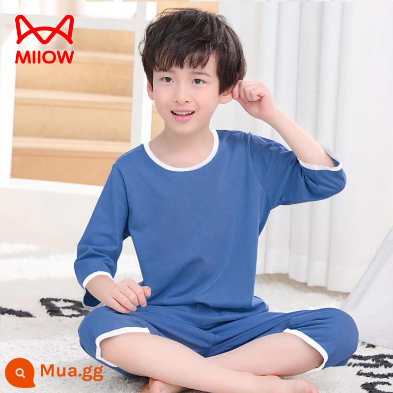 Mèo Người Đồ Ngủ Trẻ Em Bé Trai Mùa Hè Phần Mỏng Ngắn Tay Cotton Nguyên Chất Lớn Điều Hòa Quần Áo Ở Nhà Bộ Quần Áo Cotton - Màu xanh cổ điển [100% cotton, mềm mại và thân thiện với da]