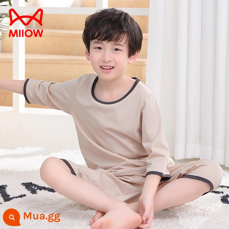 Mèo Người Đồ Ngủ Trẻ Em Bé Trai Mùa Hè Phần Mỏng Ngắn Tay Cotton Nguyên Chất Lớn Điều Hòa Quần Áo Ở Nhà Bộ Quần Áo Cotton - Màu gạo [100% cotton, mềm mại và thân thiện với da]