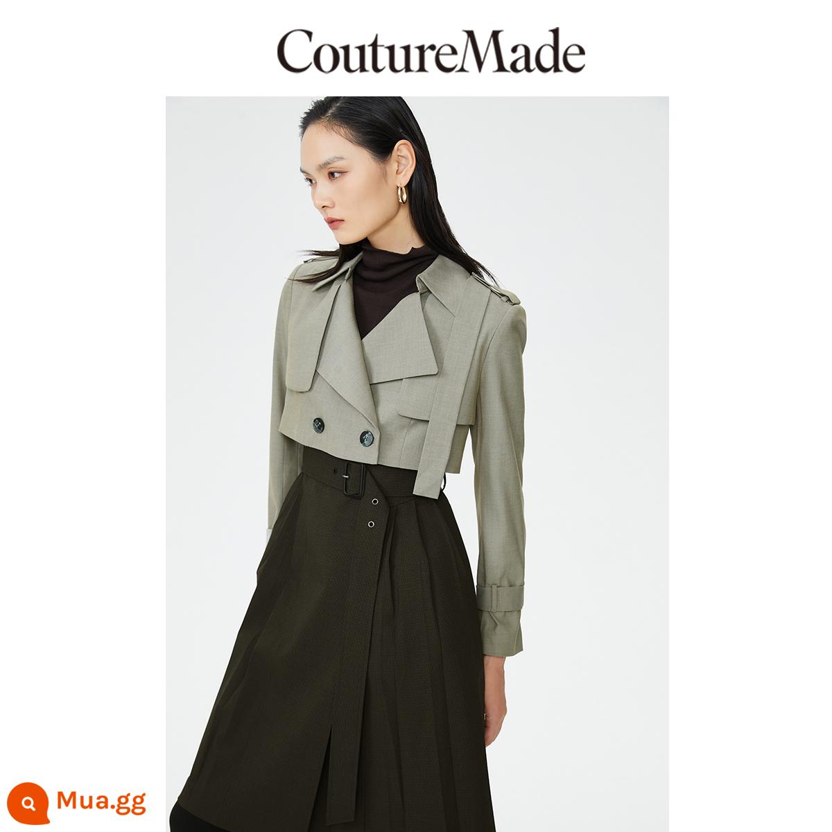 Couture Made áo gió áo khoác váy phù hợp với 2023 đầu mùa xuân mới thắt lưng ve áo trung dài kẻ sọc - E06 màu xanh lá cây nhạt cộng thêm màu sắc