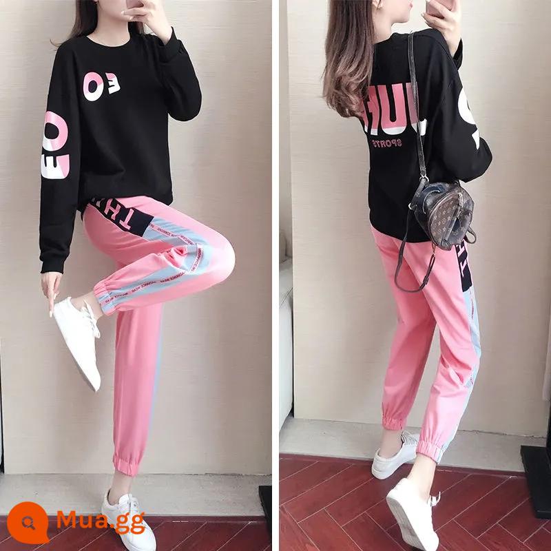 Phù hợp thể thao dài -Sleeved Suit Autumn and Winter Fashion Xu hướng thời trang Loose Loose Hàn Quốc Áo len thường - 852 áo đen + quần hồng