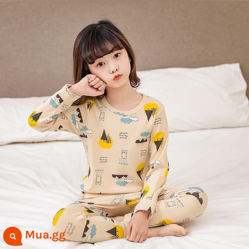 Bộ đồ lót trẻ em cotton nguyên chất bé trai quần áo mùa thu quần vệ sinh cotton bé áo len cotton đồ ngủ quần áo mặc ở nhà mùa xuân thu phần mỏng - Rừng Mây Mai [Bông Nguyên Chất Loại A Dày]