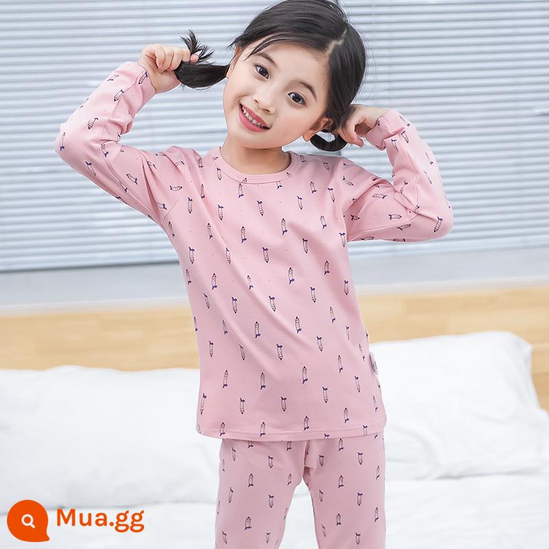 Bộ đồ lót trẻ em cotton nguyên chất bé trai quần áo mùa thu quần vệ sinh cotton bé áo len cotton đồ ngủ quần áo mặc ở nhà mùa xuân thu phần mỏng - Bút chì hồng xám [Cotton nguyên chất loại A]