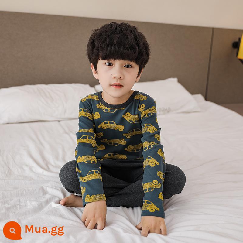 Bộ đồ lót trẻ em cotton nguyên chất bé trai quần áo mùa thu quần vệ sinh cotton bé áo len cotton đồ ngủ quần áo mặc ở nhà mùa xuân thu phần mỏng - Xe đơn sắc màu xanh dầu [Mẫu vải cotton nguyên chất loại A]