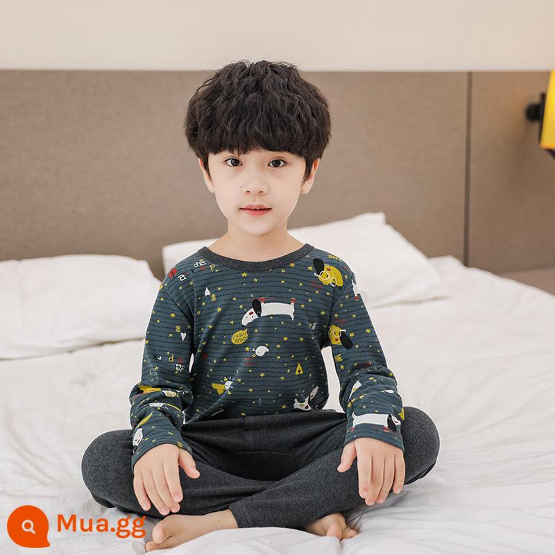 Bộ đồ lót trẻ em cotton nguyên chất bé trai quần áo mùa thu quần vệ sinh cotton bé áo len cotton đồ ngủ quần áo mặc ở nhà mùa xuân thu phần mỏng - Chú chó có đôi mắt màu xanh lá cây nhờn [Phiên bản cotton nguyên chất loại A]