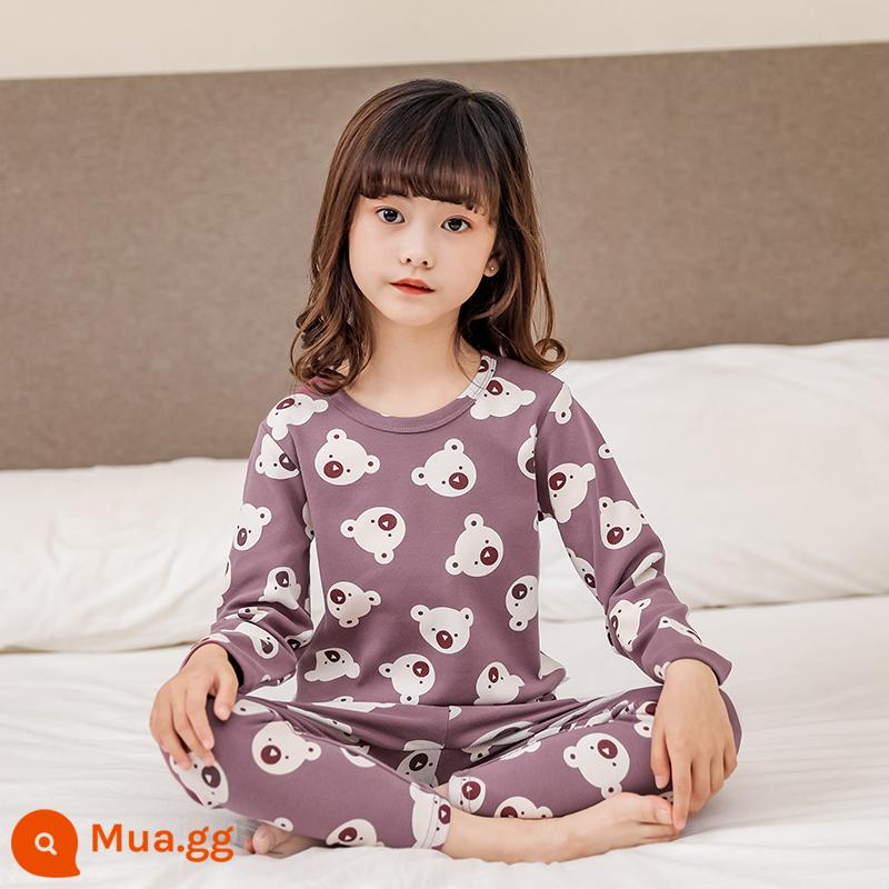 Bộ đồ lót trẻ em cotton nguyên chất bé trai quần áo mùa thu quần vệ sinh cotton bé áo len cotton đồ ngủ quần áo mặc ở nhà mùa xuân thu phần mỏng - Gấu dễ thương màu tím [Bông nguyên chất dày loại A]