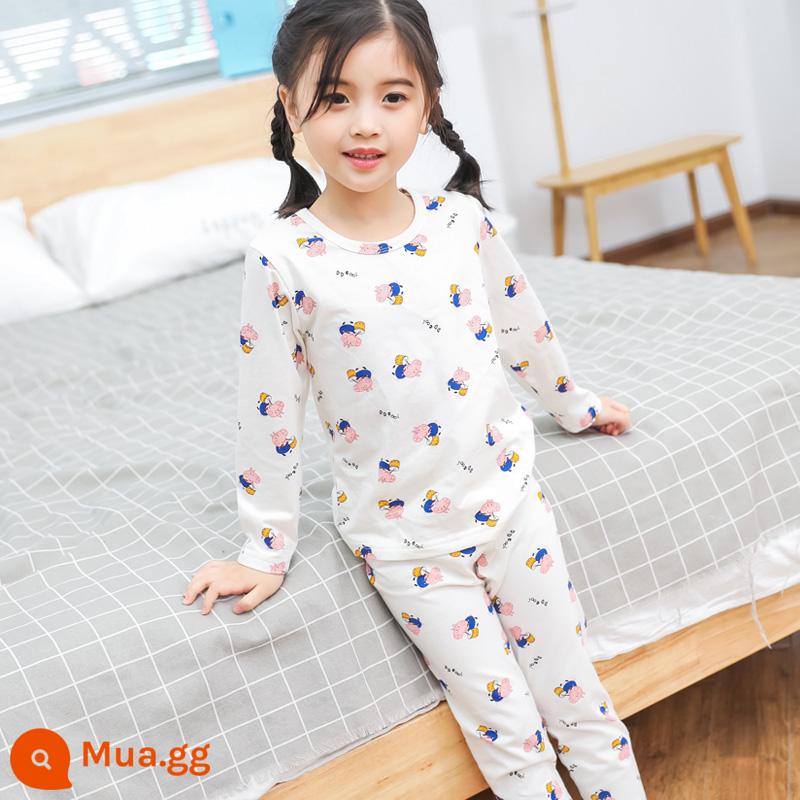 Bộ đồ lót trẻ em cotton nguyên chất bé trai quần áo mùa thu quần vệ sinh cotton bé áo len cotton đồ ngủ quần áo mặc ở nhà mùa xuân thu phần mỏng - Lợn Peppa trắng [Bông nguyên chất loại A]