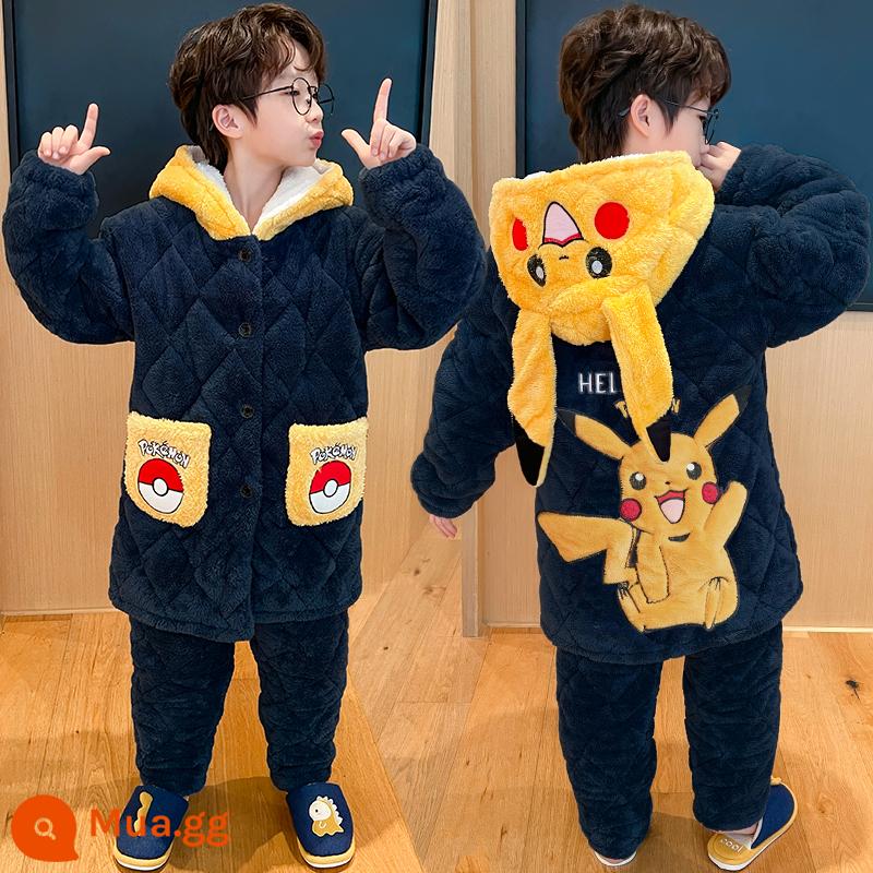 Pikachu Bộ Đồ Ngủ Bé Trai Mùa Đông Ấm Nỉ San Hô 3 Lớp Chần Bông Dày Bé Dép Nỉ Phục Vụ Tại Nhà Phù Hợp Với - [Phiên bản chần bông ba lớp dài vừa + quần] H666