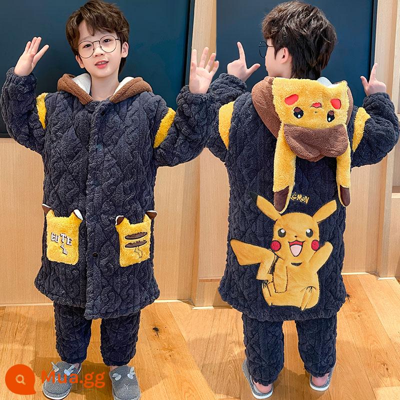 Pikachu Bộ Đồ Ngủ Bé Trai Mùa Đông Ấm Nỉ San Hô 3 Lớp Chần Bông Dày Bé Dép Nỉ Phục Vụ Tại Nhà Phù Hợp Với - [Phiên bản chần bông ba lớp dài vừa + quần] H667