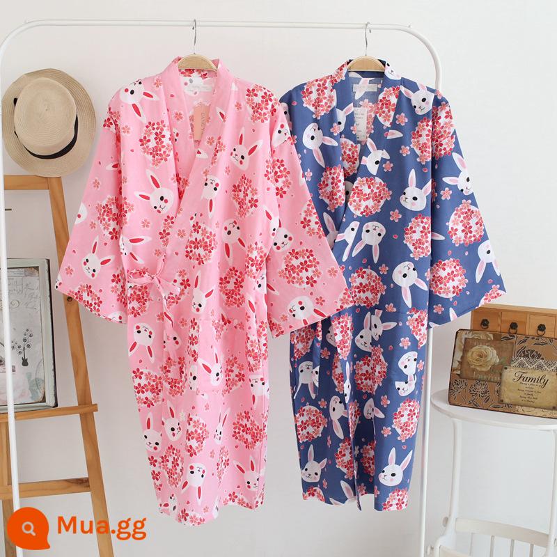 Nhật Bản tươi Kimono Pyjamas Nữ Mùa xuân và Autumn Air -Chiped Seven -Point Sleeve Cotton Garenze Beauty Home Sweat - áo choàng thỏ màu xanh