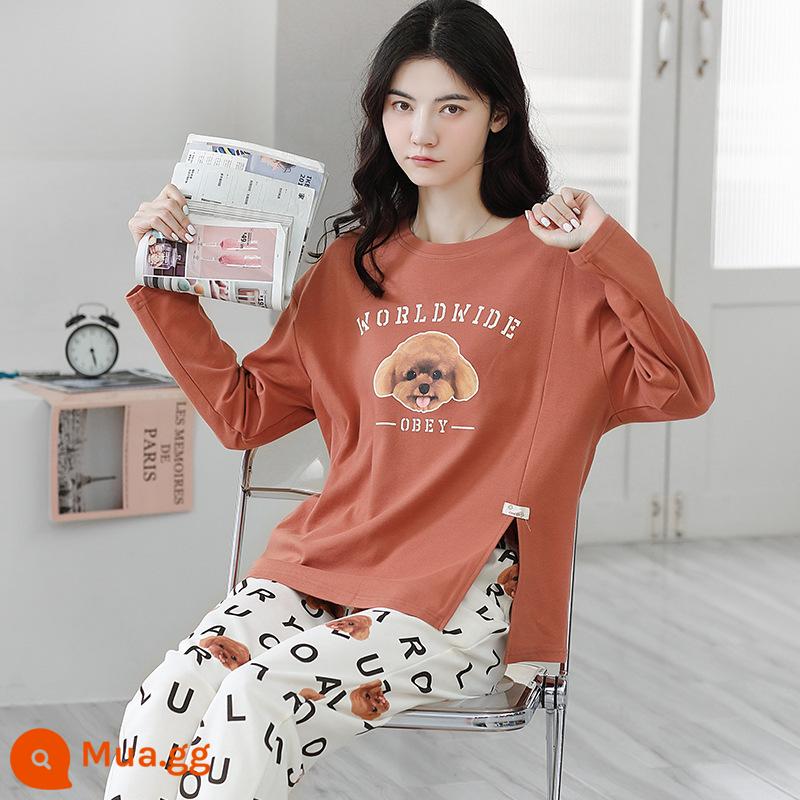 Pyjamas Bà 2022 Mới mùa thu mới Cotton Long Long Sleeves dễ thương Red Red Home Dịch vụ nhà mới có thể được mặc vào mùa đông - Quả cam