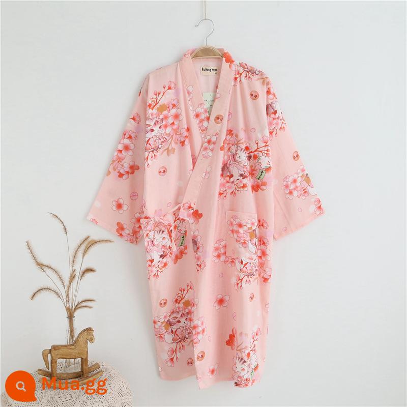 Nhật Bản tươi Kimono Pyjamas Nữ Mùa xuân và Autumn Air -Chiped Seven -Point Sleeve Cotton Garenze Beauty Home Sweat - Con mèo lớn màu hồng ngu ngốc