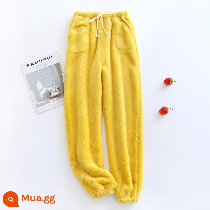 Pyjama của phụ nữ cộng với nhung dày san hô nhung quần phẳng có thể mặc quần dài mùa đông - Quần thắt lưng vải nỉ màu vàng