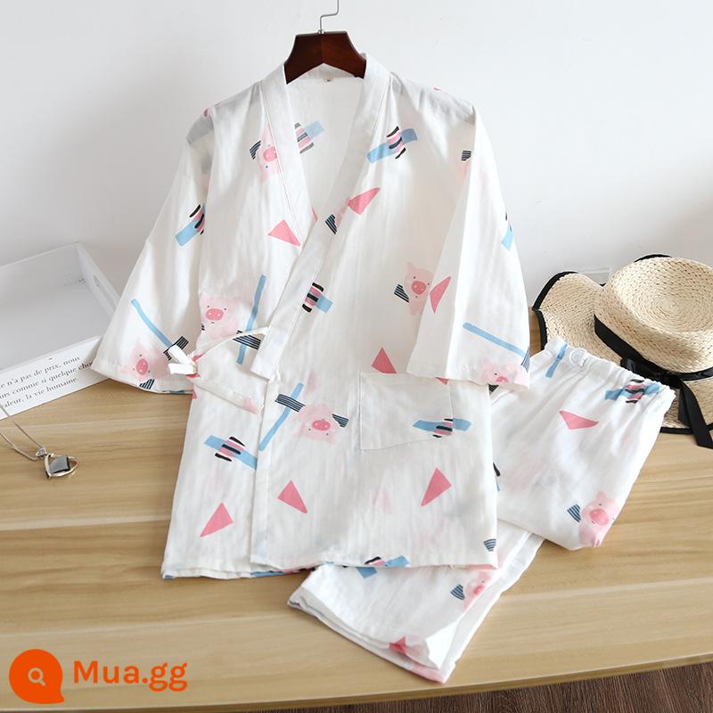 Nhật Bản tươi Kimono Pyjamas Nữ Mùa xuân và Autumn Air -Chiped Seven -Point Sleeve Cotton Garenze Beauty Home Sweat - Quần dài tay lửng kimono màu trắng hình heo con