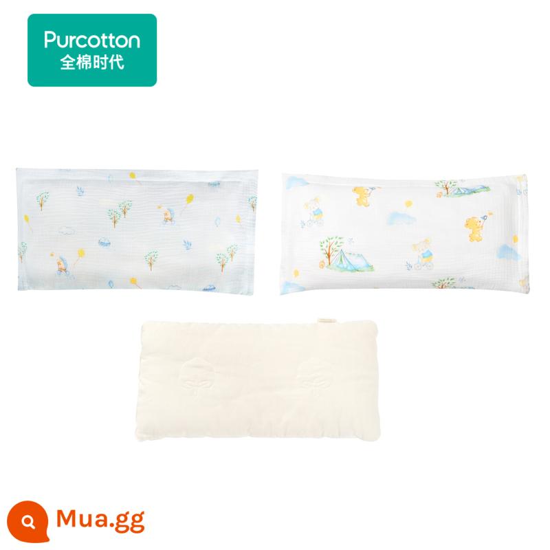 Cotton thời đại gạc vuông gối cho bé Bộ gối trẻ em lõi gối mẫu giáo - [Phong cách bánh crepe] Cắm trại vui vẻ + Tiệc vườn mùa xuân (25*50cm) Vỏ gối*2+Lõi gối*1