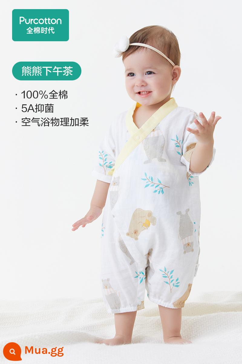 Áo liền quần gạc kháng khuẩn cho bé Cotton Age - Trà Chiều Gấu [kiểu tay áo ngắn]