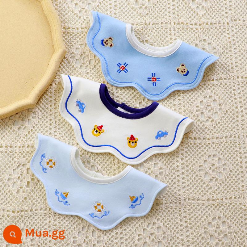 Yếm ăn nước bọt cho bé Yếm cotton nguyên chất chống thấm nước Yếm ăn bỏ túi nam trẻ sơ sinh xoay 360 độ chống khạc sữa - Lan Bear + Lan Sailing + Xe đáy trắng 3 mẫu chống nước