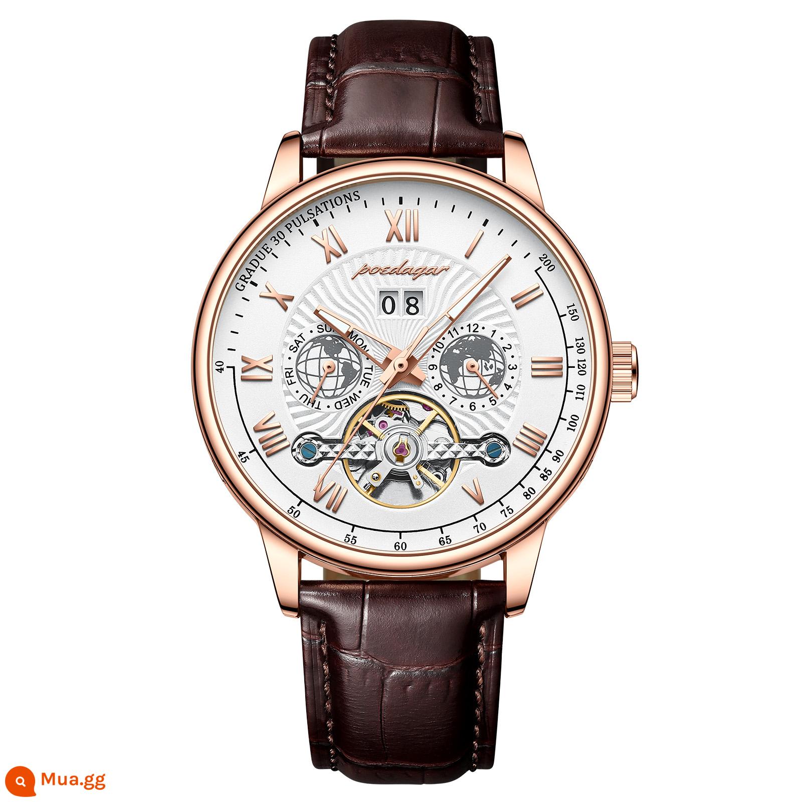 Đồng hồ nam mới chính hãng hoàn toàn tự động tourbillon cơ khí giải trí chống thấm nước dạ quang đa chức năng đồng hồ nam - Mẫu dây trắng vàng hồng C1409 (sưu tầm mua làm quà)