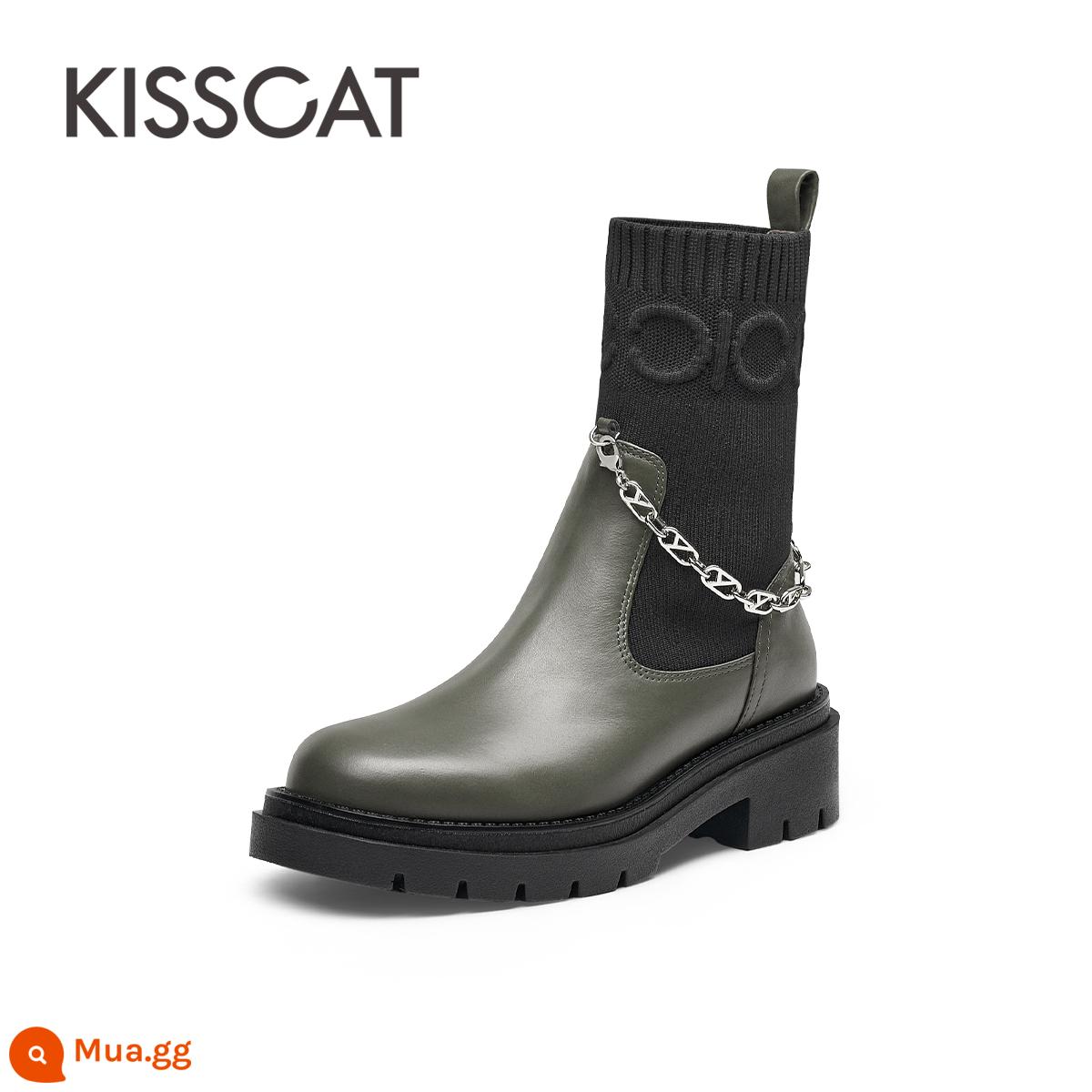 Kissing Cat 2022 mùa thu đông mới hợp thời trang thoáng mát chuỗi Chelsea Boots cổ tròn mũi nhọn gót dày chống trượt giày bốt thời trang nữ - Quân đội xanh