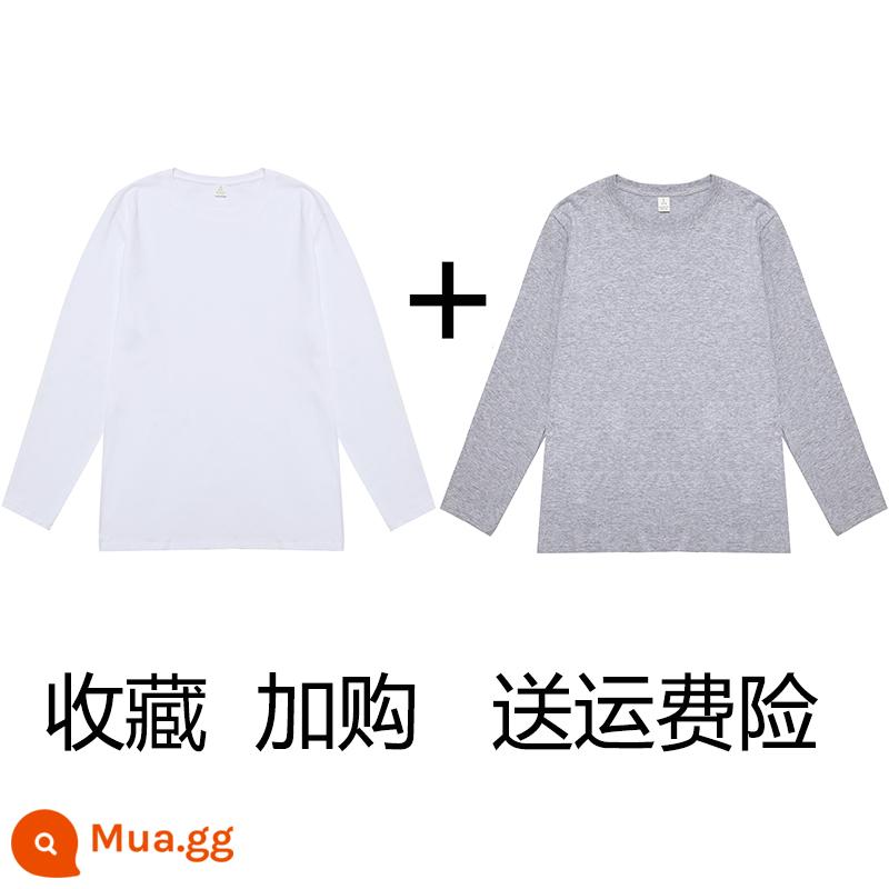 (Mua một tặng một) Áo phông dài tay cotton nguyên chất nặng 200g Tân Cương Áo thun có đáy cotton trơn màu rộng rãi cho nam và nữ - Trắng + xám gai dầu