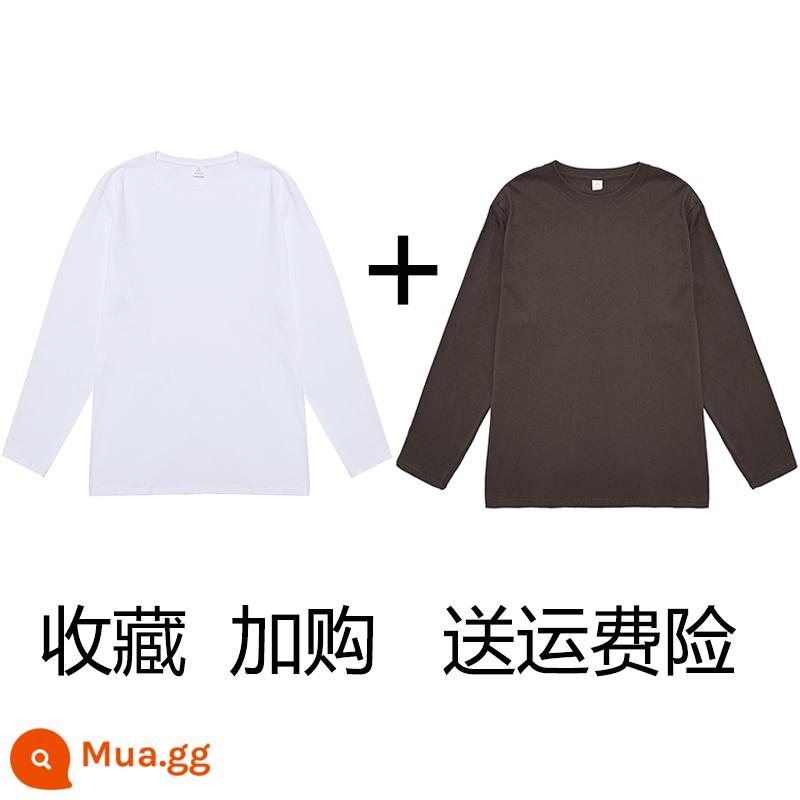 (Mua một tặng một) Áo phông dài tay cotton nguyên chất nặng 200g Tân Cương Áo thun có đáy cotton trơn màu rộng rãi cho nam và nữ - trắng + cà phê