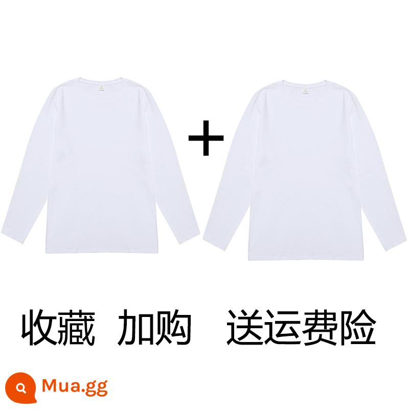 (Mua một tặng một) Áo phông dài tay cotton nguyên chất nặng 200g Tân Cương Áo thun có đáy cotton trơn màu rộng rãi cho nam và nữ - trắng + trắng