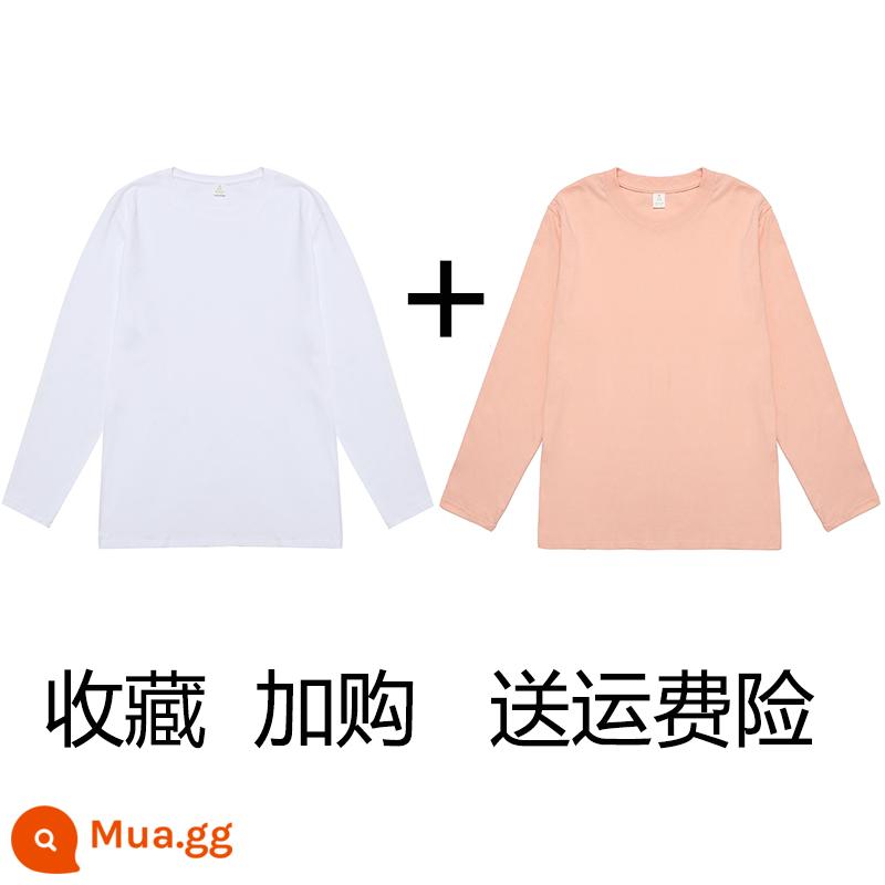 (Mua một tặng một) Áo phông dài tay cotton nguyên chất nặng 200g Tân Cương Áo thun có đáy cotton trơn màu rộng rãi cho nam và nữ - trắng + hồng