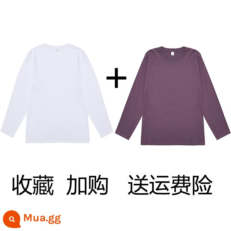 (Mua một tặng một) Áo phông dài tay cotton nguyên chất nặng 200g Tân Cương Áo thun có đáy cotton trơn màu rộng rãi cho nam và nữ - trắng + tím