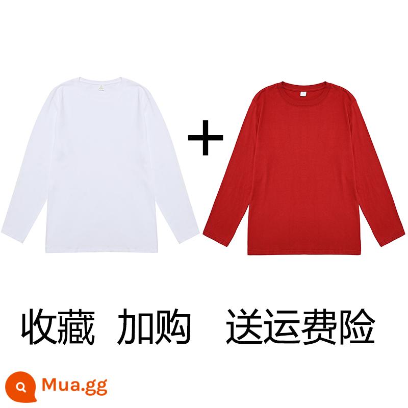 (Mua một tặng một) Áo phông dài tay cotton nguyên chất nặng 200g Tân Cương Áo thun có đáy cotton trơn màu rộng rãi cho nam và nữ - trắng + rượu vang đỏ