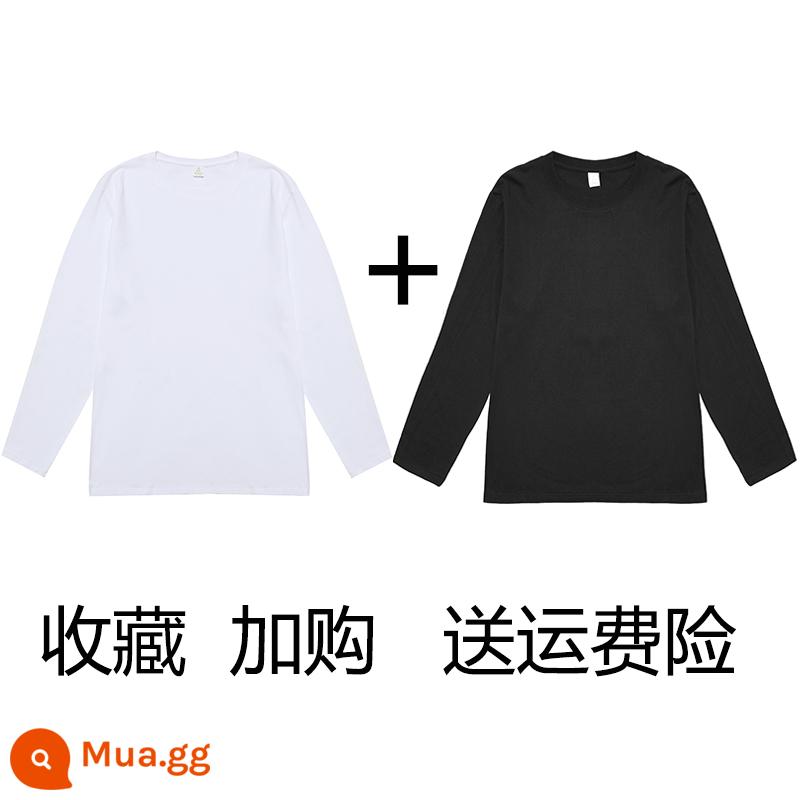 (Mua một tặng một) Áo phông dài tay cotton nguyên chất nặng 200g Tân Cương Áo thun có đáy cotton trơn màu rộng rãi cho nam và nữ - Trắng+Đen