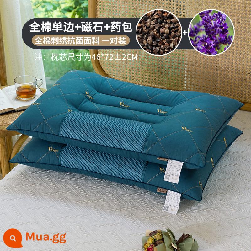 Cassia seed cotton nam châm gối thêu kháng khuẩn cặp học sinh kiều mạch lõi gối đơn và đôi người lớn cột sống cổ - [Gói Cặp] Gối Cotton Một Mặt Kháng Khuẩn + Nam Châm + Hoa Oải Hương + Lõi Gối Kiều Mạch - Xanh Dương