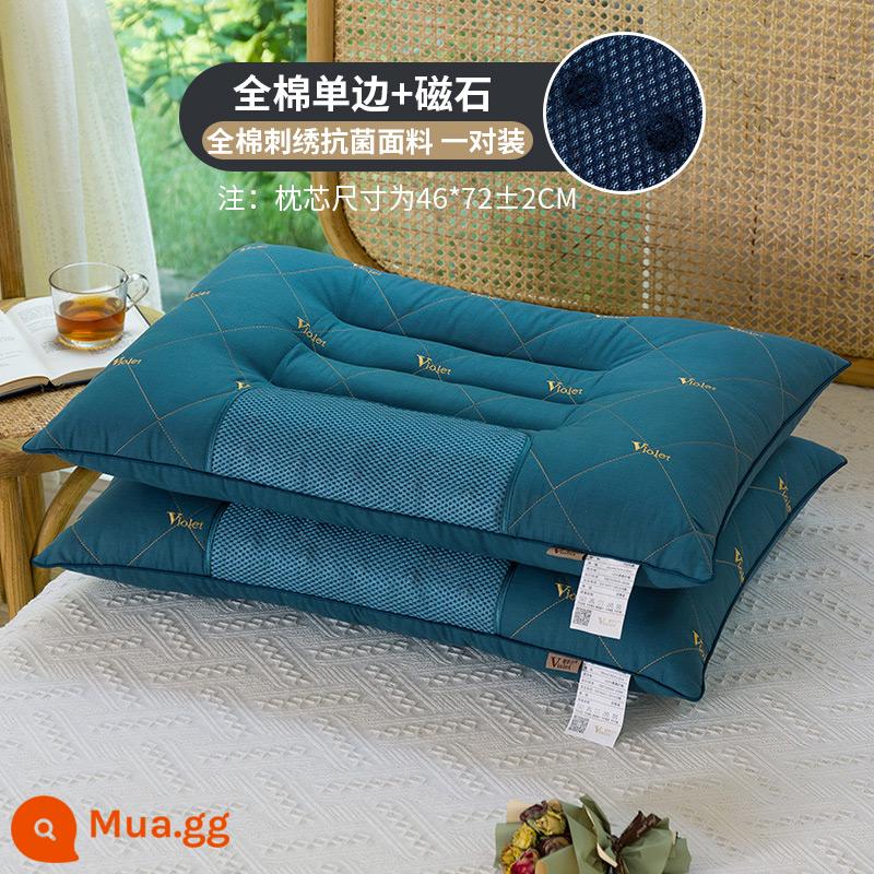 Cassia seed cotton nam châm gối thêu kháng khuẩn cặp học sinh kiều mạch lõi gối đơn và đôi người lớn cột sống cổ - [Đôi] Cotton Thêu Một Mặt Kháng Khuẩn + Lõi Gối Nam Châm - Xanh Dương