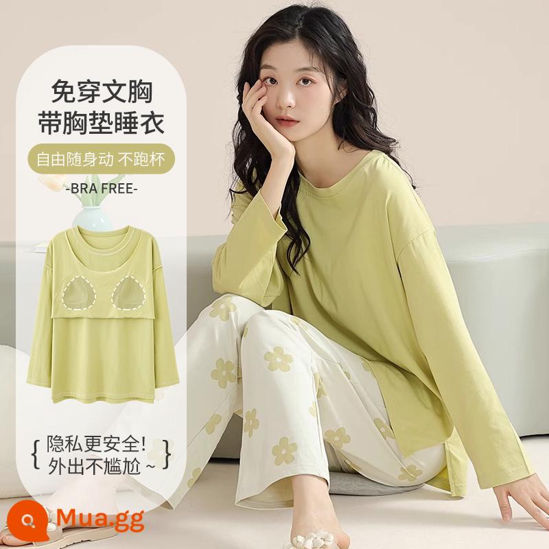 Bộ đồ ngủ nữ xuân thu có đệm ngực 2023 Bộ đồ mặc nhà dài tay cotton nguyên chất Nhật Bản mới dành cho nữ có thể mặc bên ngoài - Màu vàng hoa anh thảo - có miếng đệm ngực