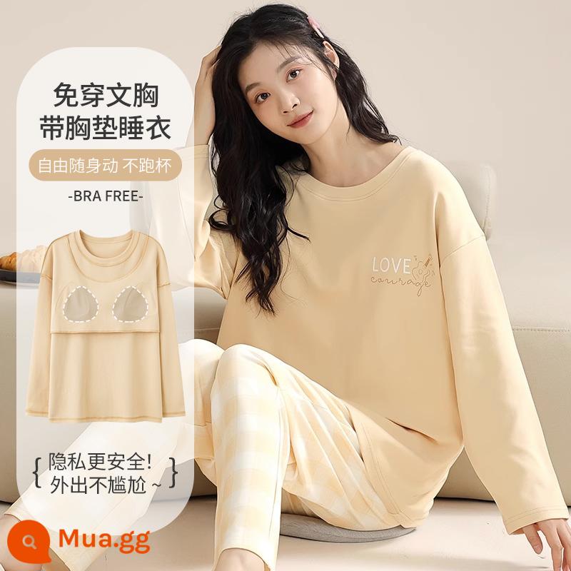 Bộ đồ ngủ nữ xuân thu có đệm ngực 2023 Bộ đồ mặc nhà dài tay cotton nguyên chất Nhật Bản mới dành cho nữ có thể mặc bên ngoài - Màu vàng phong mùa thu - có đệm ngực