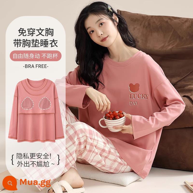 Bộ đồ ngủ nữ xuân thu có đệm ngực 2023 Bộ đồ mặc nhà dài tay cotton nguyên chất Nhật Bản mới dành cho nữ có thể mặc bên ngoài - Yumohong--với miếng đệm ngực