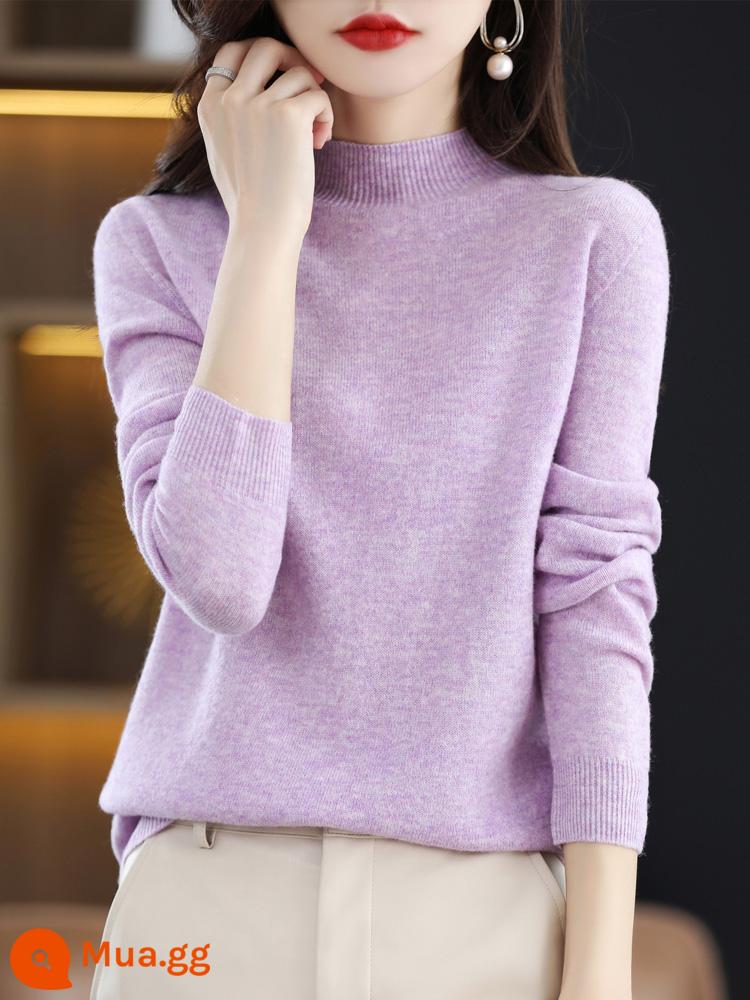 Ordos Liền Mạch Áo Len Cashmere Nữ 100 Cashmere Nguyên Chất Thu Đông Nửa Rùa Cổ Len Dệt Kim Đáy Áo Len - Hoa tím