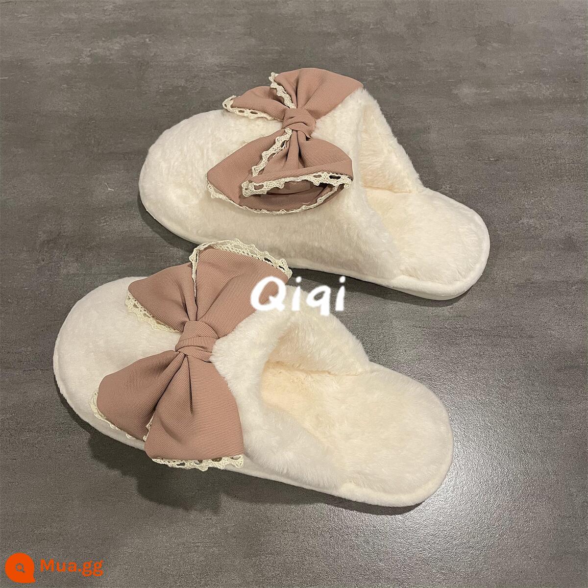 Qiqi Master Nơ Lớn Trắng Plus Nhung Nhà Ấm Dép Bông Đi Trong Nhà Nữ Chống Trơn Trượt Giày Lông Bao Đầu - Hồng