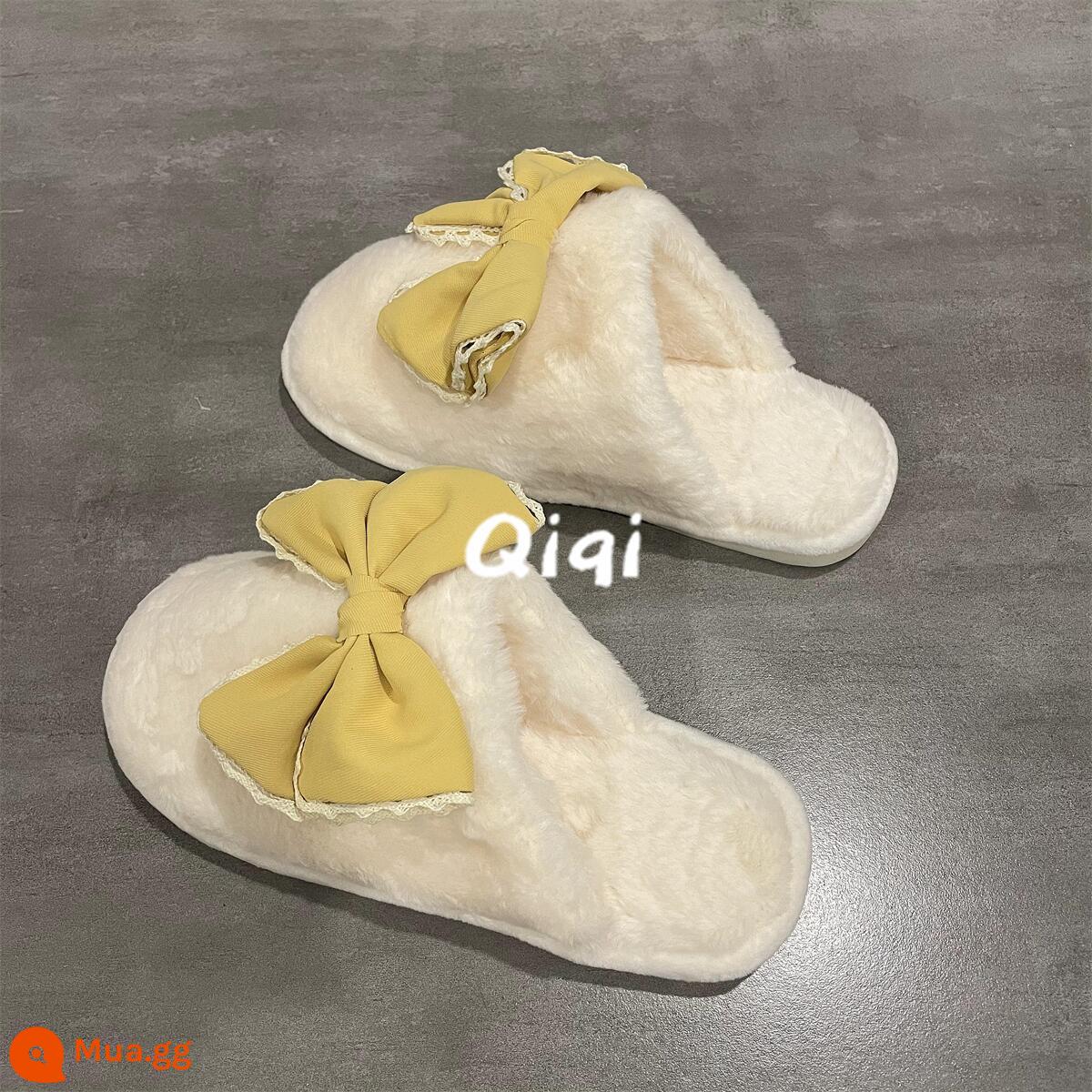 Qiqi Master Nơ Lớn Trắng Plus Nhung Nhà Ấm Dép Bông Đi Trong Nhà Nữ Chống Trơn Trượt Giày Lông Bao Đầu - màu vàng