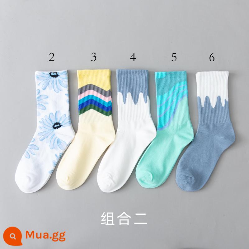 Tất dành cho nam và nữ theo xu hướng vớ cotton nguyên chất giữa ống thể thao mùa xuân và mùa hè vớ đôi nhiều màu sắc hợp thời trang dành cho nữ thương hiệu trượt ván đường phố - kết hợp 2