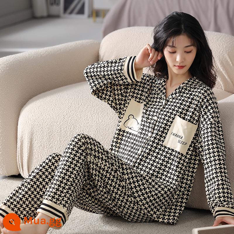 Bộ đồ ngủ nữ mẫu xuân thu 2023 mới dài tay xuân hè áo cardigan nữ cỡ lớn bộ đồ phục vụ tại nhà - [Phong cách nữ] Kẻ ca rô đen trắng [Mặc được trong mọi mùa] [Túi đơn]