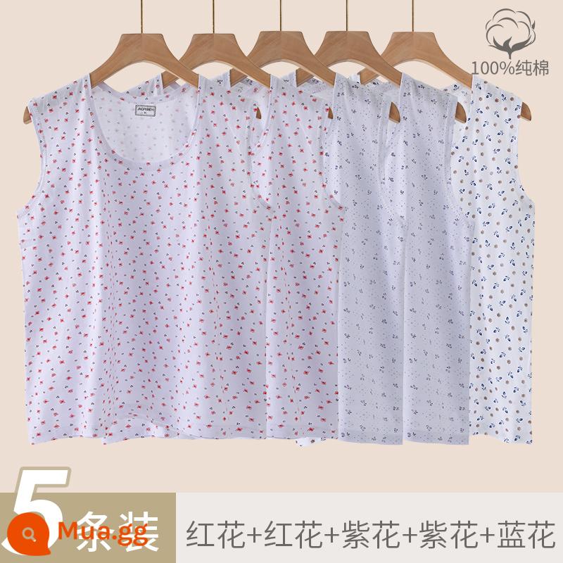 Áo vest nữ trung niên và cao tuổi cotton nguyên chất rời bà già bà nội bông mẹ đồ lót người già áo lót mùa hè phần mỏng - Hoa đỏ + hoa đỏ + hoa tím + hoa tím + hoa xanh [năm mảnh 100% cotton]