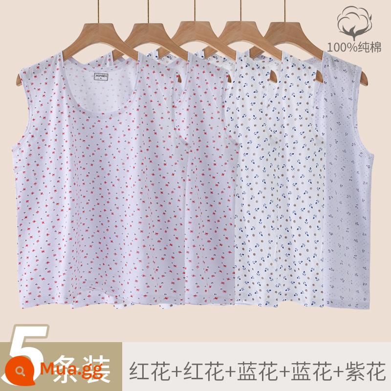 Áo vest nữ trung niên và cao tuổi cotton nguyên chất rời bà già bà nội bông mẹ đồ lót người già áo lót mùa hè phần mỏng - Hoa đỏ + hoa đỏ + hoa xanh + hoa xanh + hoa tím [Năm miếng 100% cotton]