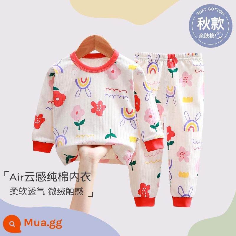 Bộ đồ ngủ trẻ em bé trai mùa hè cotton mỏng quần áo điều hòa bé trai và bé gái bộ quần áo mặc ở nhà xuân thu bé gái - hoa đỏ cầu vồng